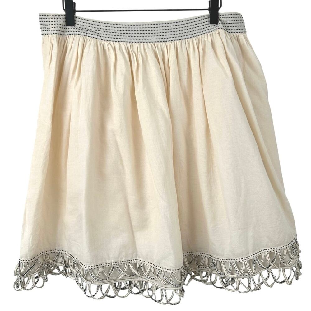 ECI New York Ivory Cotton Silk Embroidered A-Line Skirt Size 12 Boho Cottagecore